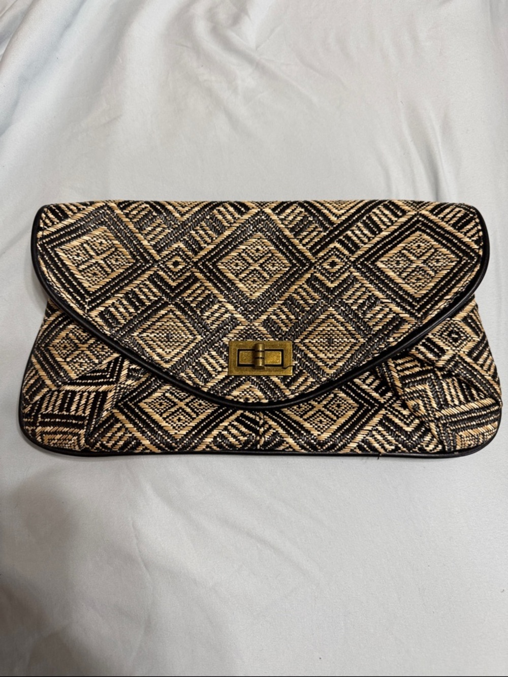 Boho print envelope clutch black and tan